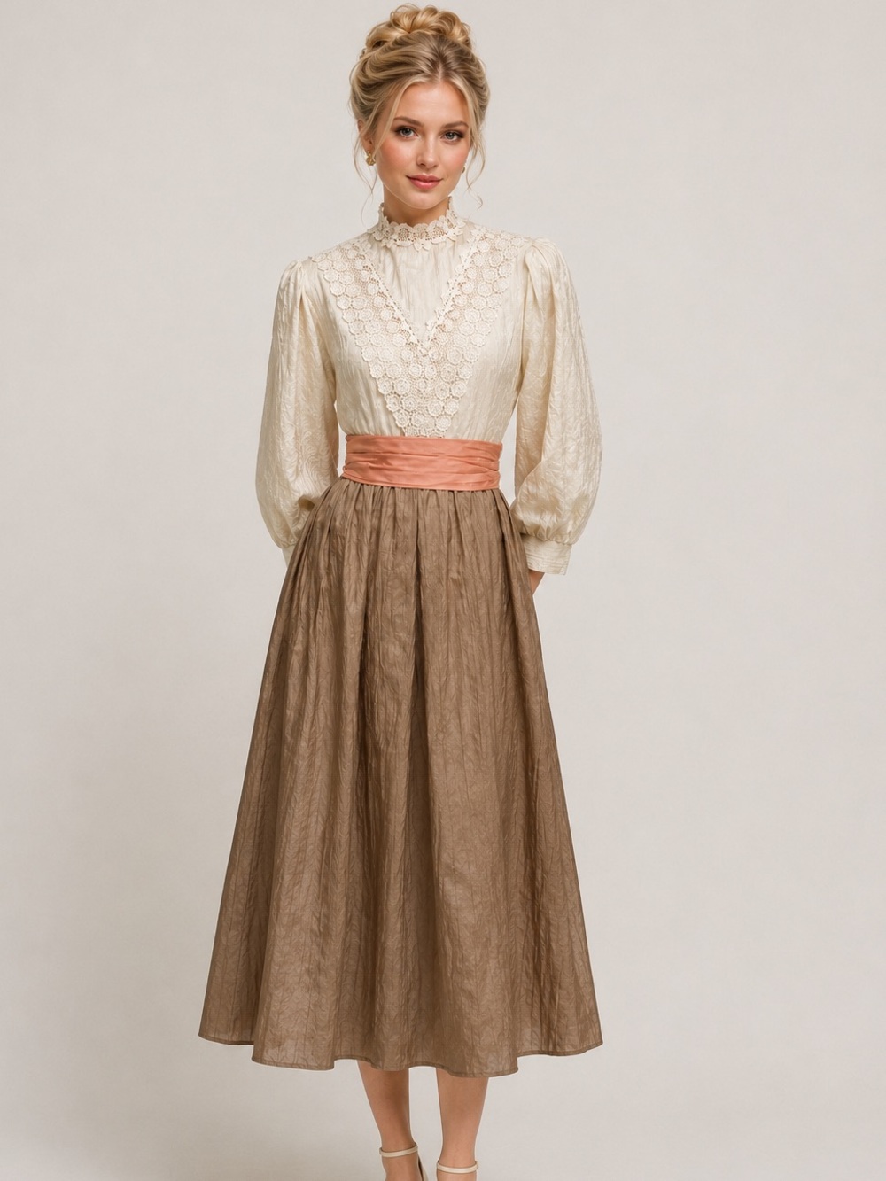 Donna Morgan Cream Lace High-Neck Midi Dress with Brown Skirt and Coral Sash